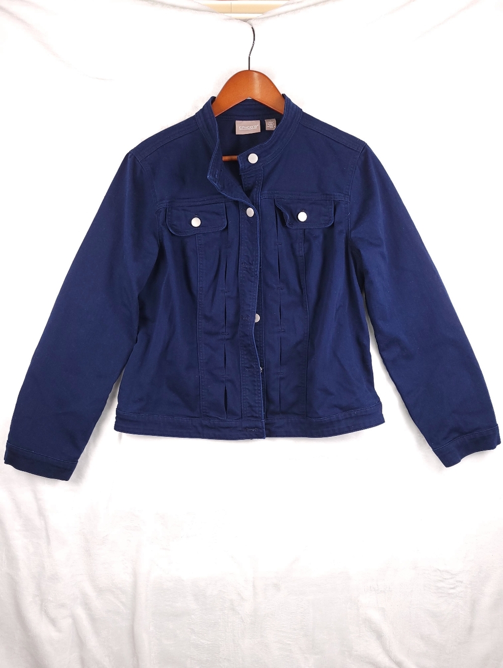 Chico's Blue Collarless Denim Style Jacket size 1